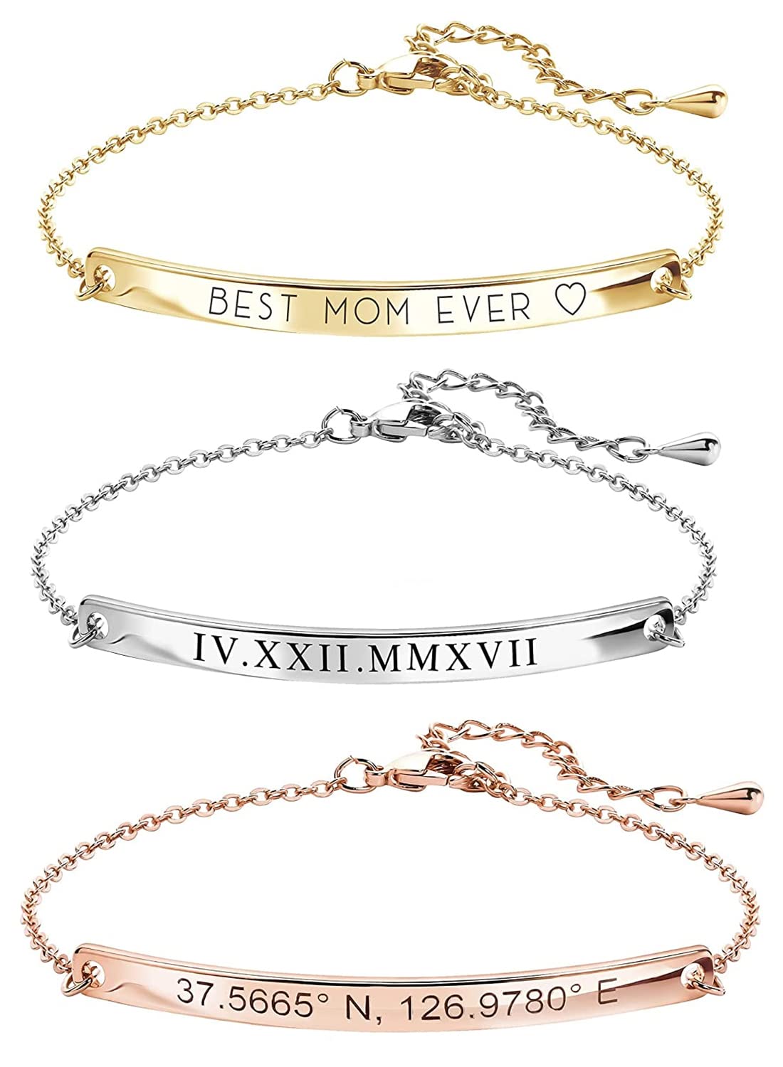 Engraved Bracelets for Women, Custom Name Bracelet with Coordinates, Gifts