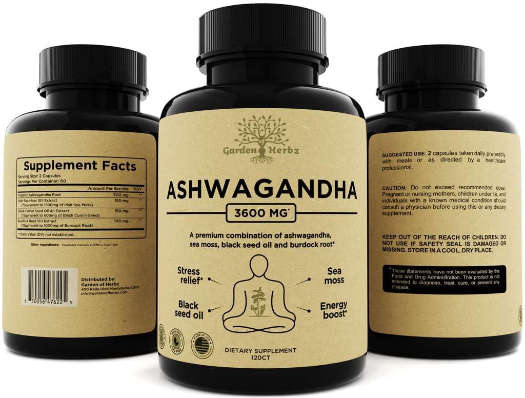 Garden of Herbz Organic Ashwagandha Root & Irish Sea Moss – 3,600 mg Ashwagandha Supplement with Black Seed Oil, & Burdock Root – Herbal Supplement for Energy, Calm, Mood, & Wellness, 120 Caps