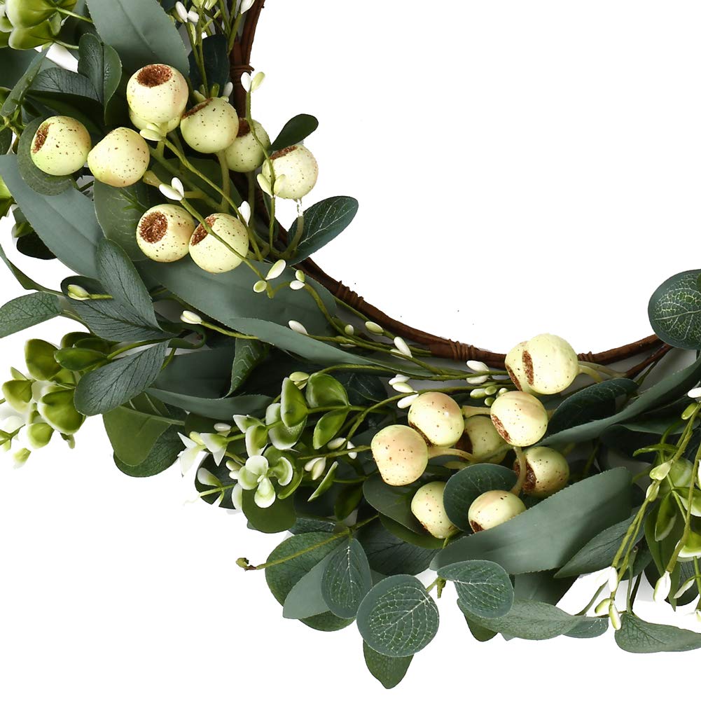 JINGHONG Eucalyptus Wreaths for Front Door 20 Inch Green Home Decor for Wall Porch Window Spring Summer Wreath with Big Berries for All Seasons Winter Christmas