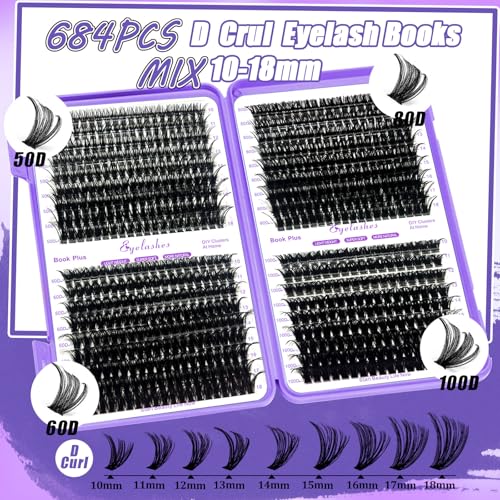 DIY Lash Extension Kit 804Pcs D Curl Individual Lash Clusters Eyelashes Extension Set with Mirror Lash Storage Box Lash Bond&Seal Glue Remover Tweezers Lash Brush Applicator