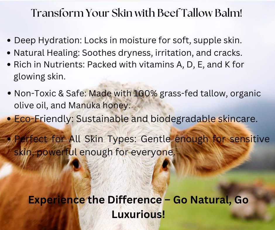 100% Grass-Fed Beef Tallow Balm, Moisturizing Cream with Manuka Honey, Beeswax & Olive Oil – Handmade All-Natural Skincare for Soft, Smooth Skin(2oz) (2oz, Vanilla)