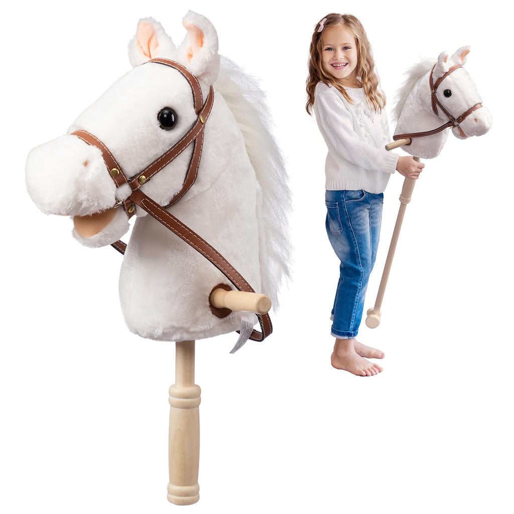 HollyHOME Stick Horse Plush Handcrafted Hobby Horse on a Stick with Wood Wheels Real Pony Neighing and Galloping Sounds for Kids Toddlers White 36 Inches(AA Batteries Required)
