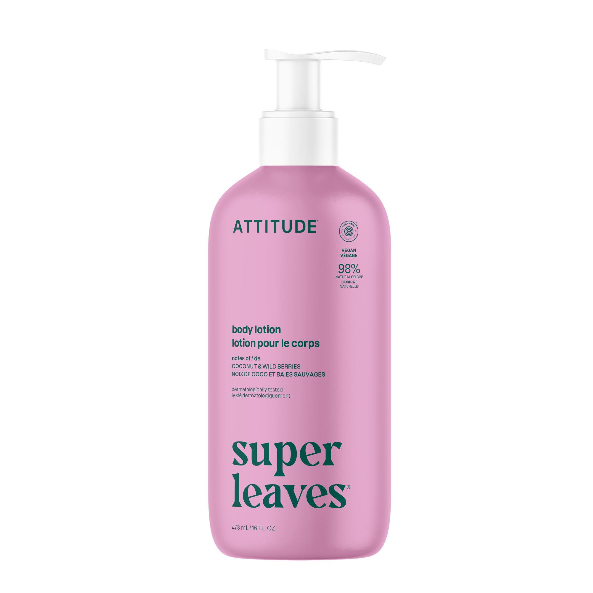 ATTITUDE Body Lotion, EWG Verified Moisturizer, Vegan Skin Care Products, Non-Greasy, Hydrating for Dry Skin, Cruelty Free, Moisturizing, Coconut & Wild Berries Scent, 16 Fl Oz