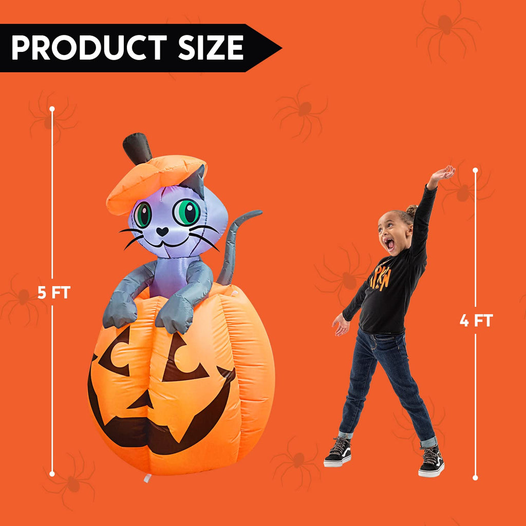 Joiedomi 5 FT Animated Pumpkin Inflatables, Outdoor Blow Up Cat On Pumpkin with LEDs for Yard, Outdoor Inflatable Halloween Decorations, Blow Up Halloween Decor for Outside