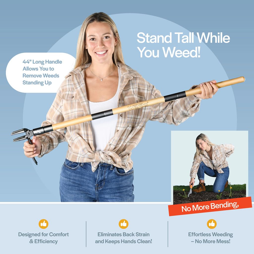 WilFiks Weed Puller Tool, Stand Up Heavy Duty Weed Remover Tool with Long Handle, Foot Platform Design - 4 Claw Steel Head Weeder Tool, Bamboo Garden Hand Weeding Tool