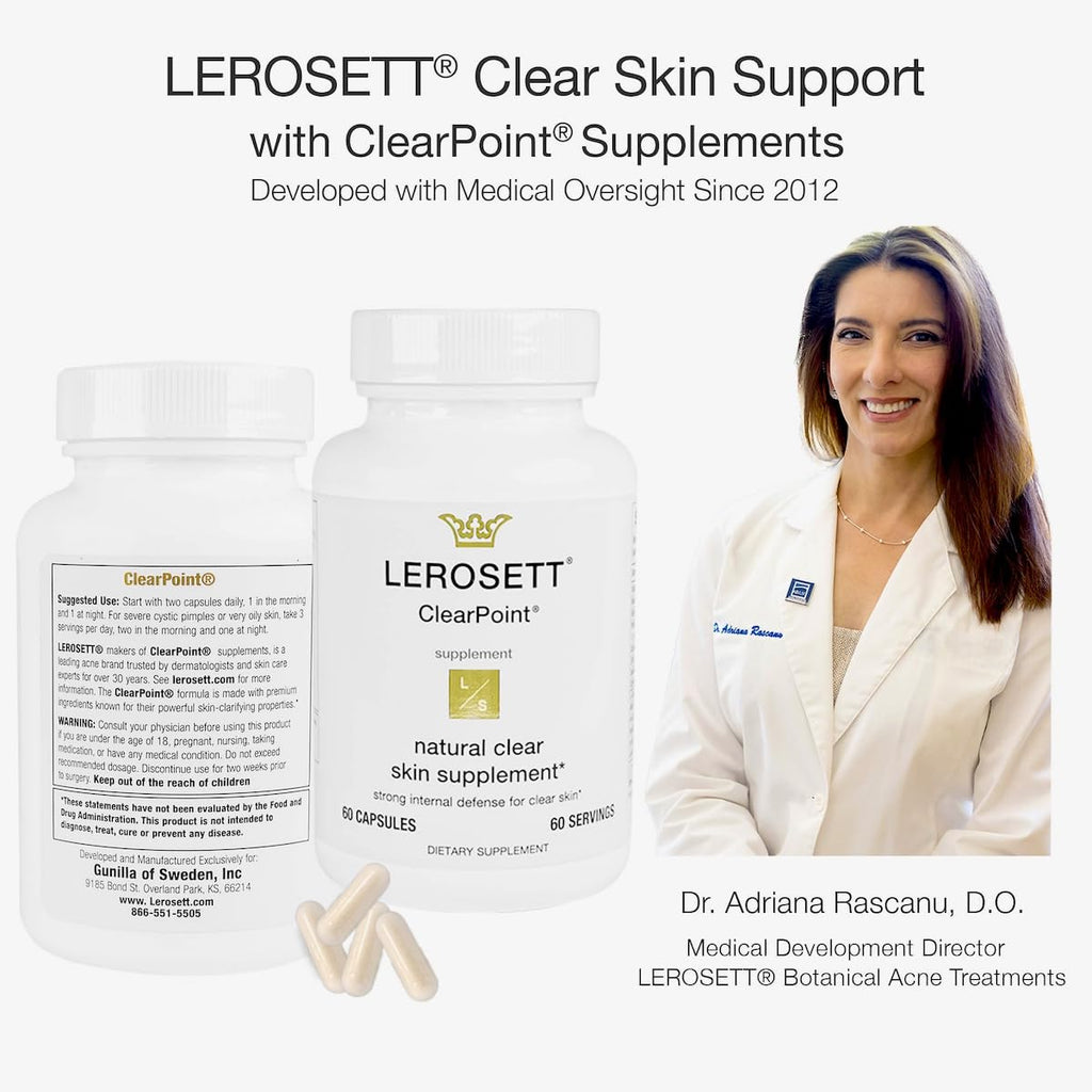 Gunilla Of Sweden LEROSETT ClearPoint Anti Acne Pills, Natural Supplements for Acne Treatment for Oily Skin & Breakouts. 60 Caps