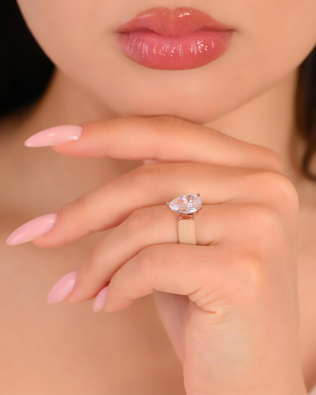 Rinfit Silicone Ring with Stone, Pear Cut CZ - Nude/RG, Size 7