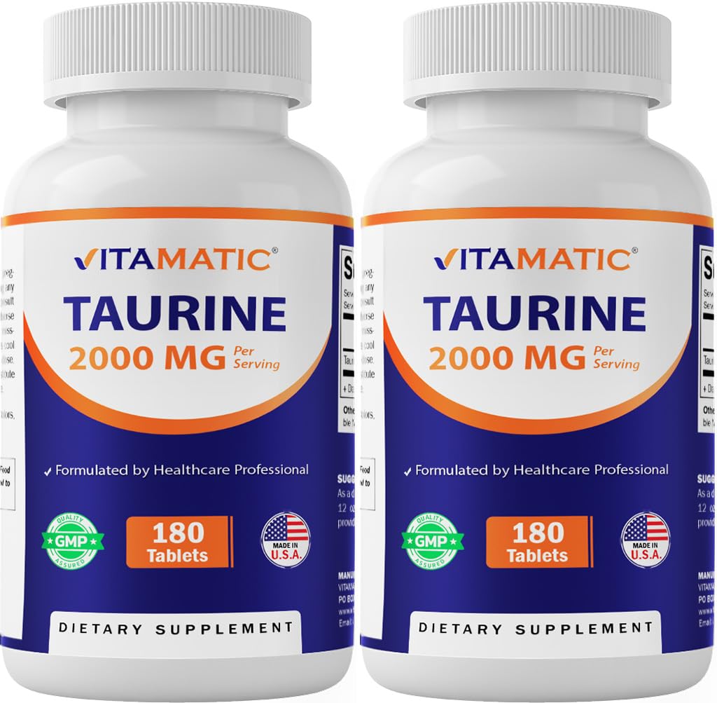 Vitamatic Taurine 2000mg Vegetarian Tablets, 180 Count, Non-GMO, Gluten Free - 2 Pack