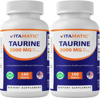 Vitamatic Taurine 2000mg Vegetarian Tablets, 180 Count, Non-GMO, Gluten Free - 2 Pack