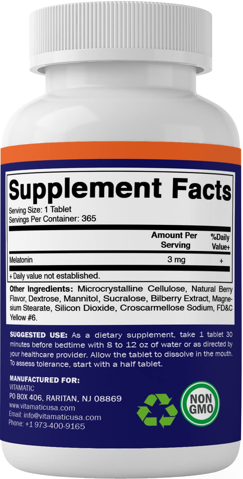 Vitamatic Melatonin 3mg Tablets | Vegetarian, Non-GMO, Gluten Free | 1 Year Supply | Natural Berry Flavor - 365 Tablets (Pack of 2)