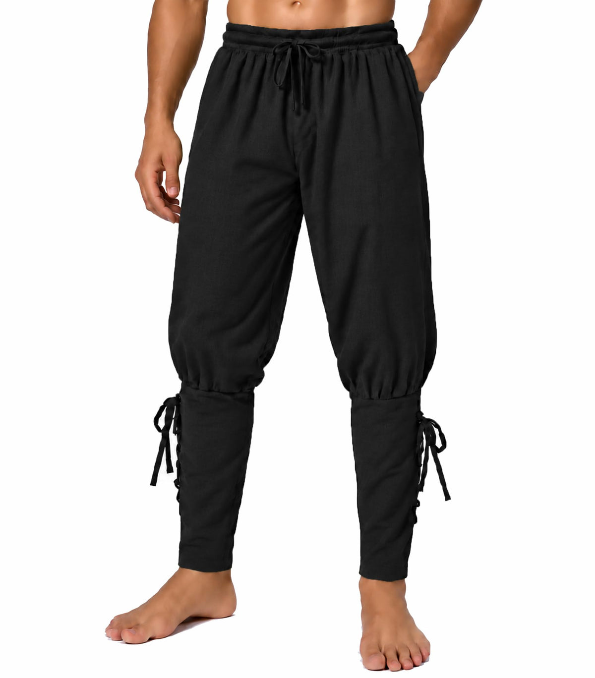 Men's Medieval Renaissance Pirate Pants Viking Ren Faire Costume(L,Black)