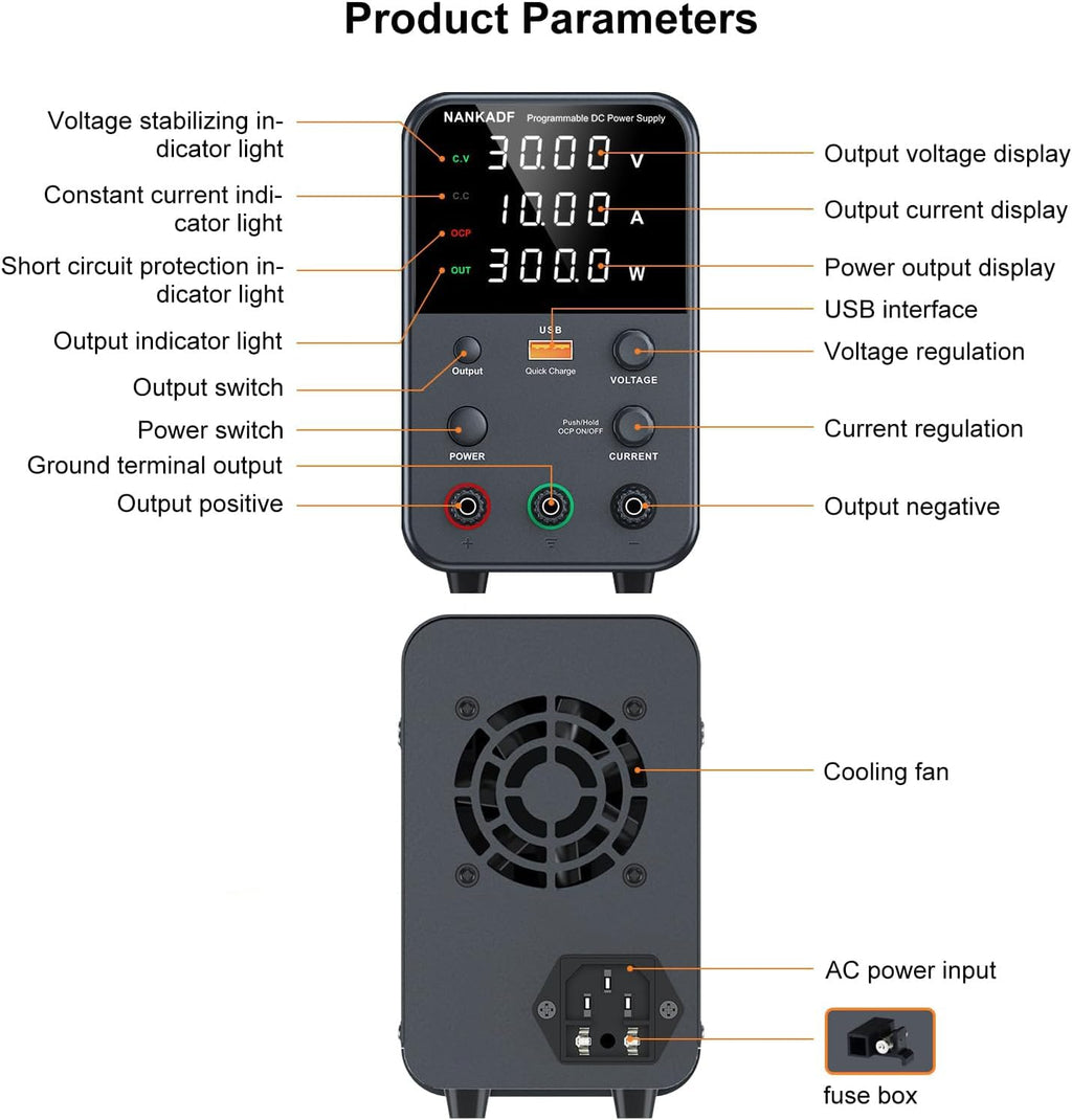 DC Power Supply Variable, Bench Power Supply with Encoder Adjustment Knob, Output Enable/Disable Button, Adjustable Power Supplies with USB Quick-Charge, Short Circuit Alam (30V 10A Black)