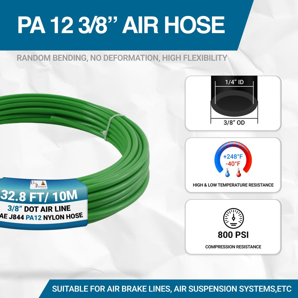 Utah Pneumatic 3/8" DOT Air Line SAE J844 PA12 Nylon Tubing for Air Suspension, Industrial Automation, Workshop Air Systems, Misting & Fluid Transfer, Green - 10 Meters (32.8ft)