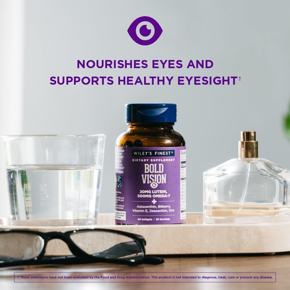 Wiley's Finest Wild Alaskan Fish Oil Bold Vision - Fish Oil Eye Health Supplement with Lutein, Zeaxanthin, Bilberry, Omega-7, Vitamin E, and Zinc - 60 Softgels (30 Servings)