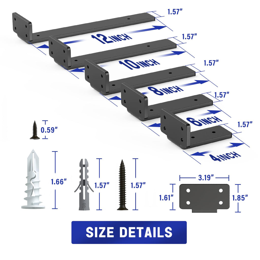Goovilla Shelf Bracket, Heavy Duty Floating Shelf Brackets 4 inch Long, 4 Pack Brackets for Shelves, Black Coated Metal Wall Shelf Support Brackets with 1/5 Inch Thick and 160 lb. Load Capacity