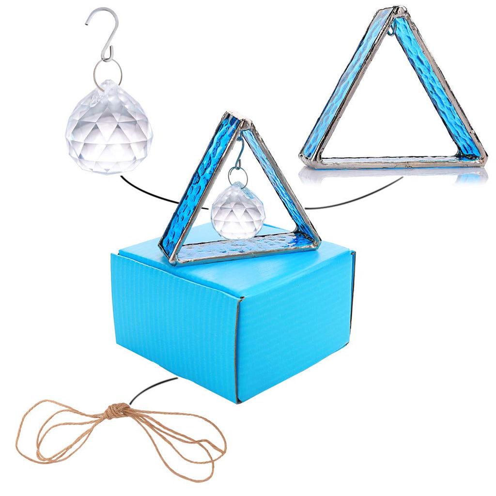Blue Stained Glass Pyramid Suncatcher Hanging Ornament Window Decor