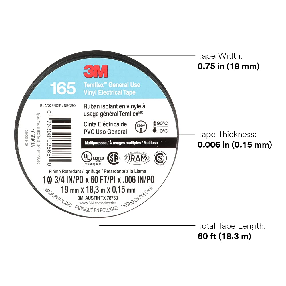 3M Temflex Multi-Purpose Vinyl Electrical Tape 165, Black, 3/4 in x 60 ft (19 mm x 18 m), 10 Roll Pack