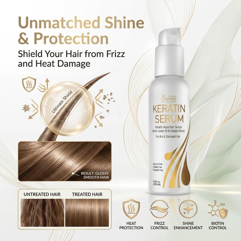 VITAMINS hair cosmetics Keratin Hair Serum Oil for Frizzy, Dry, Damaged Hair - Anti-Frizz Shine Gloss Treatment, Heat Protectant with Biotin, Castor Oil and Collagen - 4.25 fl oz