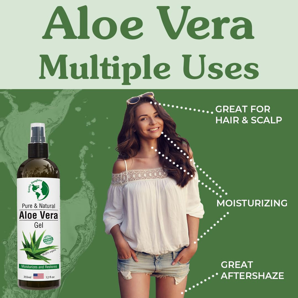Earth's Daughter Organic Aloe Vera Gel from 100% Pure and Natural Cold Pressed Aloe – Moisturizes - Great for Face - Hair- Sunburn - Aftershave - Bug Bites - 12 oz.
