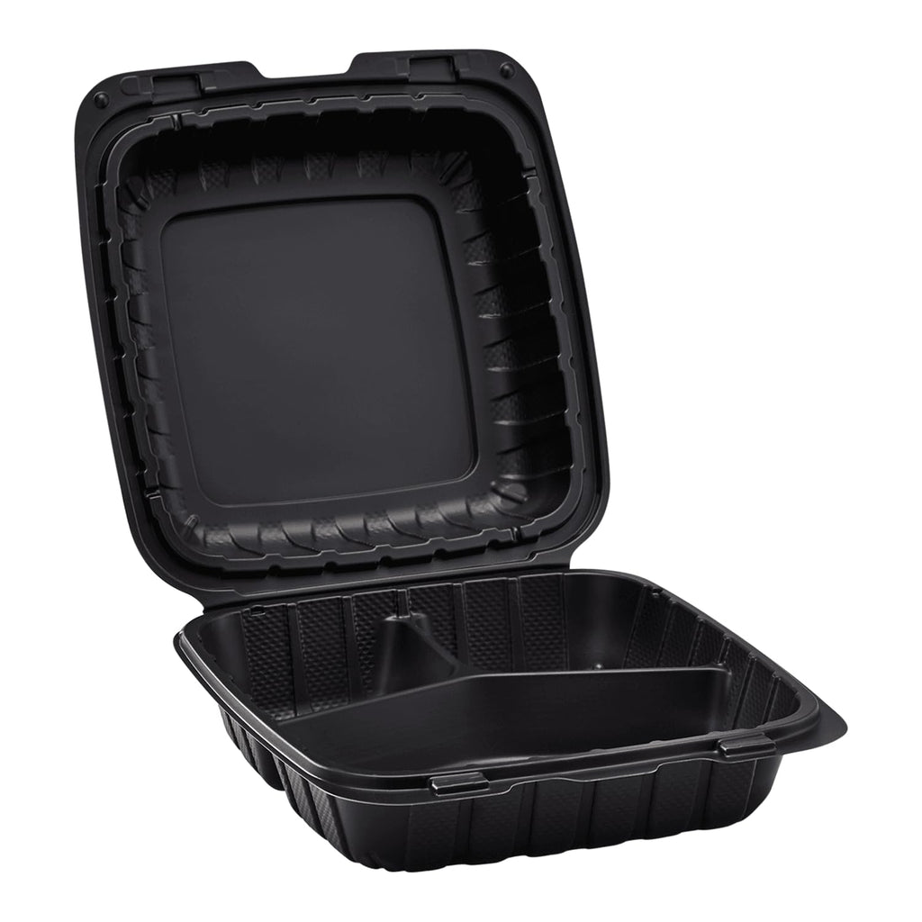 KARAT EARTH Clamshell Take Out Food Containers [8"x8" - 200 ct] To Go Containers | 3 Compartment, Soak-Resistant, Durable, Stackable | Vented for Hot/Cold Foods, Black