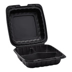 KARAT EARTH Clamshell Take Out Food Containers [8"x8" - 200 ct] To Go Containers | 3 Compartment, Soak-Resistant, Durable, Stackable | Vented for Hot/Cold Foods, Black