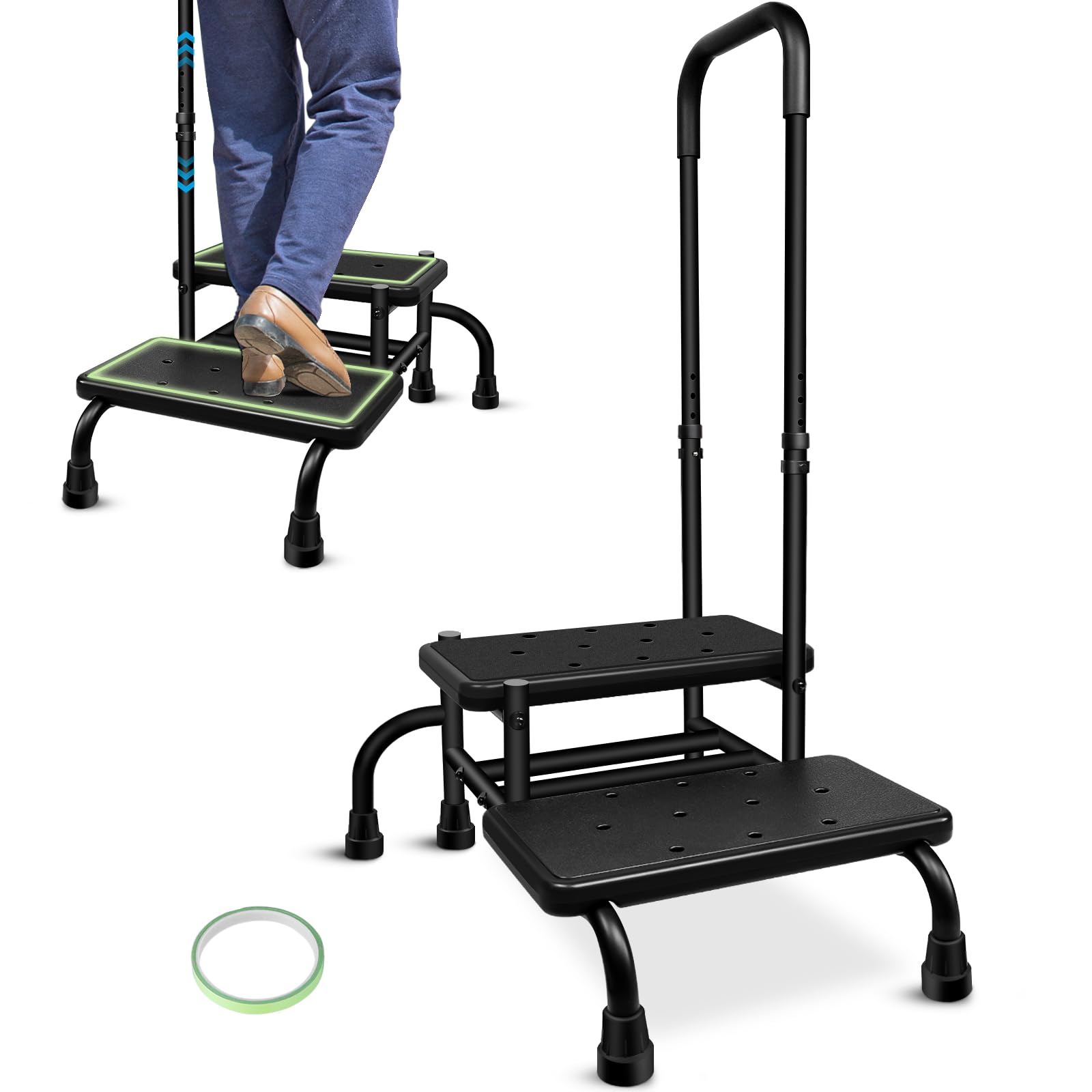 Gyykzz 2 Step Stool with Handle, Upgrade Heavy Duty Stepping Stool with 5 Legs, Step Stool for High Beds with Adjustable Handle and Non-Slip Platform for High Beds/Bathtub/Kitchen