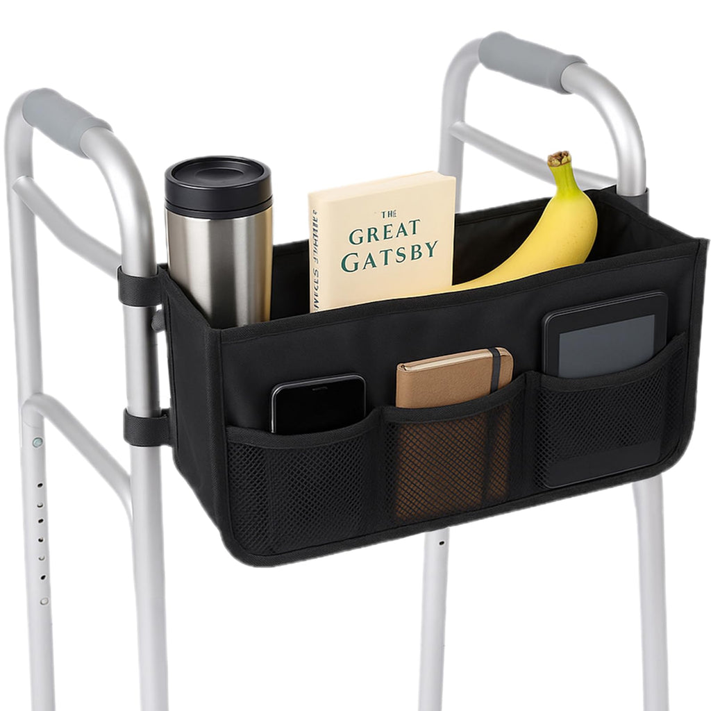 Walker Basket - Foldable Walker Bag with Cup Holder - Fits Folding Walkers - Ideal Walker Accessories for Seniors with Limited Mobility to Carry Water Bottles, Books, Essentials & More