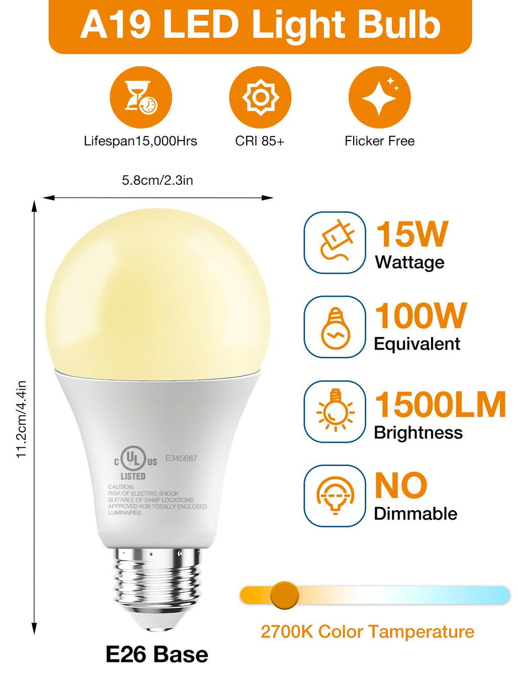 DAYBETTER LED Light Bulbs, A19 2700K Warm Light Bulbs 100 Watt Equivalent, 1500LM Warm White Led Bulbs, E26 Standard Base, Non-Dimmable, 15 Watt Lightbulbs for Home Office, 24 Pack
