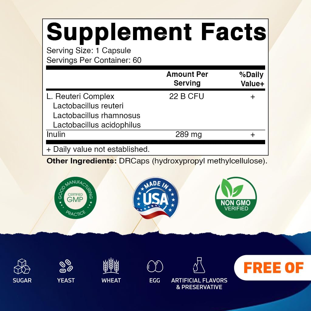 Vitamatic Lactobacillus Reuteri Complex – 22 Billion CFU per Delayed Release Capsule – 60 Capsules – Digestive & Gut Health Support – with Prebiotic Inulin Fiber (Pack of 2)