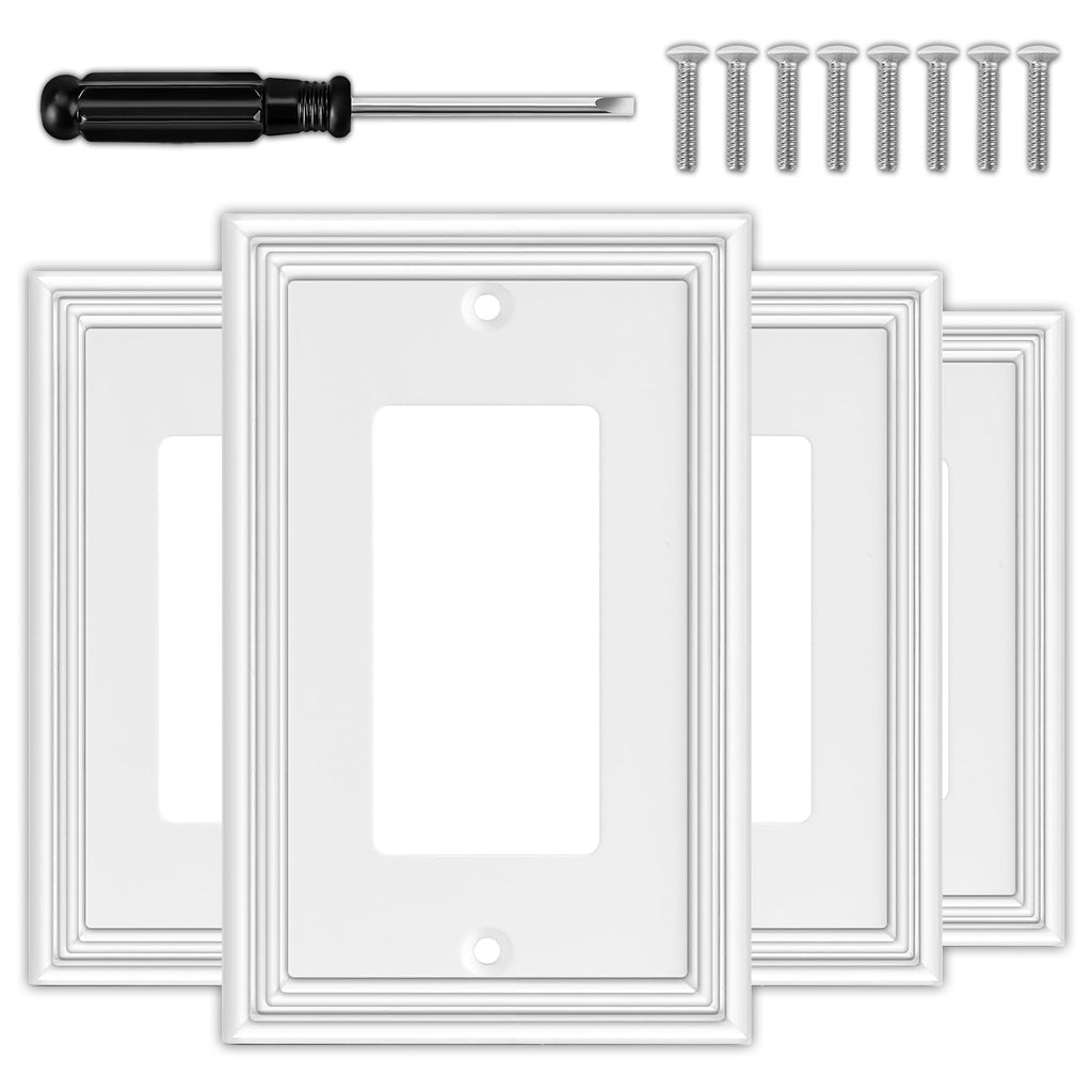 White Decorative Single Decorator Switch Covers Wall Plate, Natural Material Rocker Switch Plates Outlet Covers for Receptacle, GFCI Outlet, Dimmer - Modern Style (1 Gang Decorator 4 Pack)