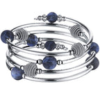 PEARL&CLUB Beaded Chakra Bangle Turquoise Bracelet - Fashion Jewelry Wrap Bracelet with Thick Silver Metal and Mala Beads, Birthday Gifts For Women(63-Navy Blue)