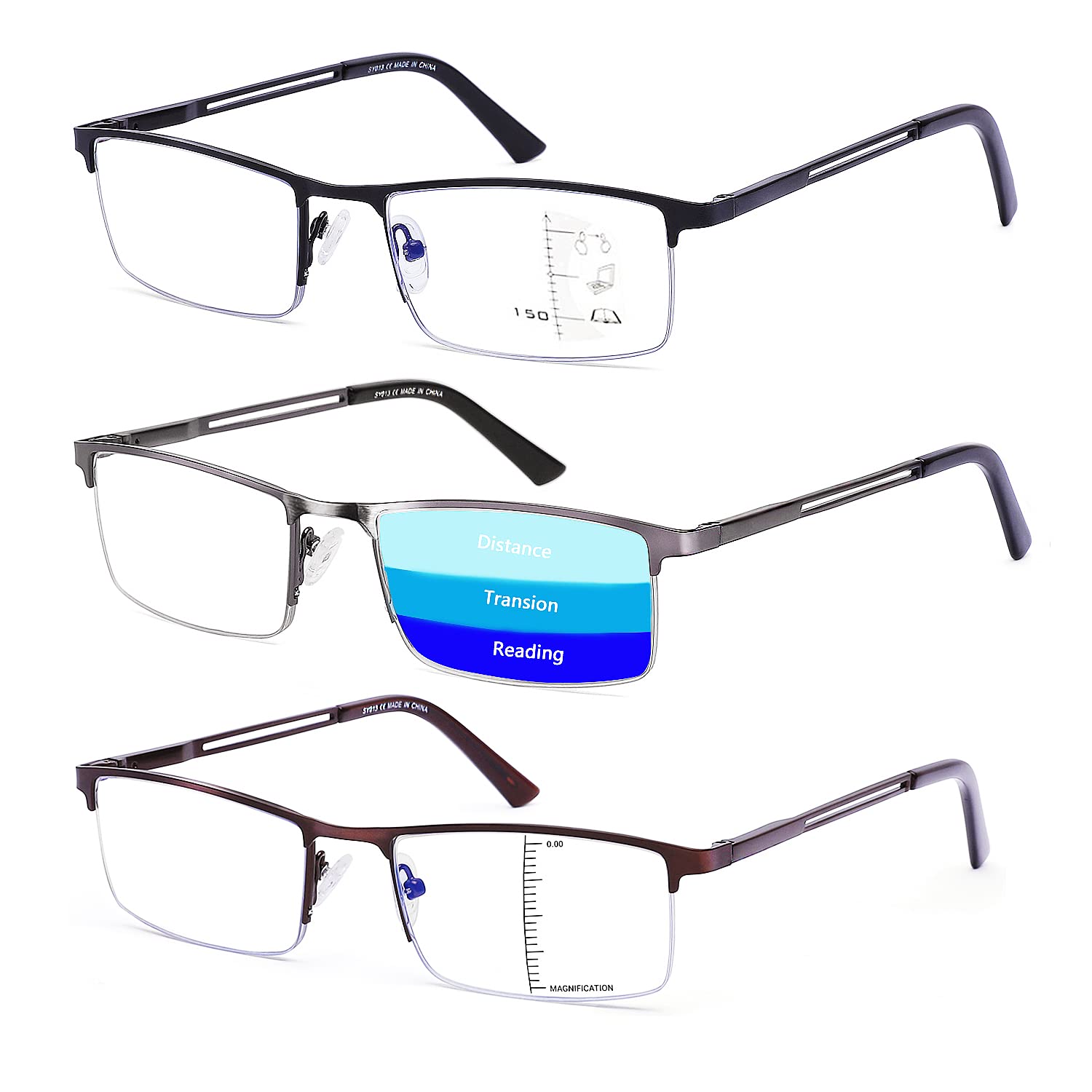 Ryegis Half Frame Progressive Multifocus Reading Glasses Anti Blue Light,Semi Rimless Readers For Men