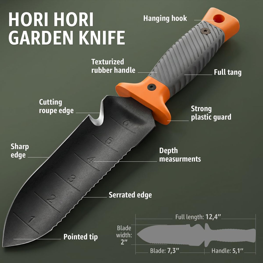 Hori Hori Garden Knife 7" with Sheath – Heavy Duty Stainless Steel Multi-Purpose Tool for Weeding, Digging & Planting, Serrated & Straight Full-Tang Blade, Non-Slip Rubber Handle with Safety Guard