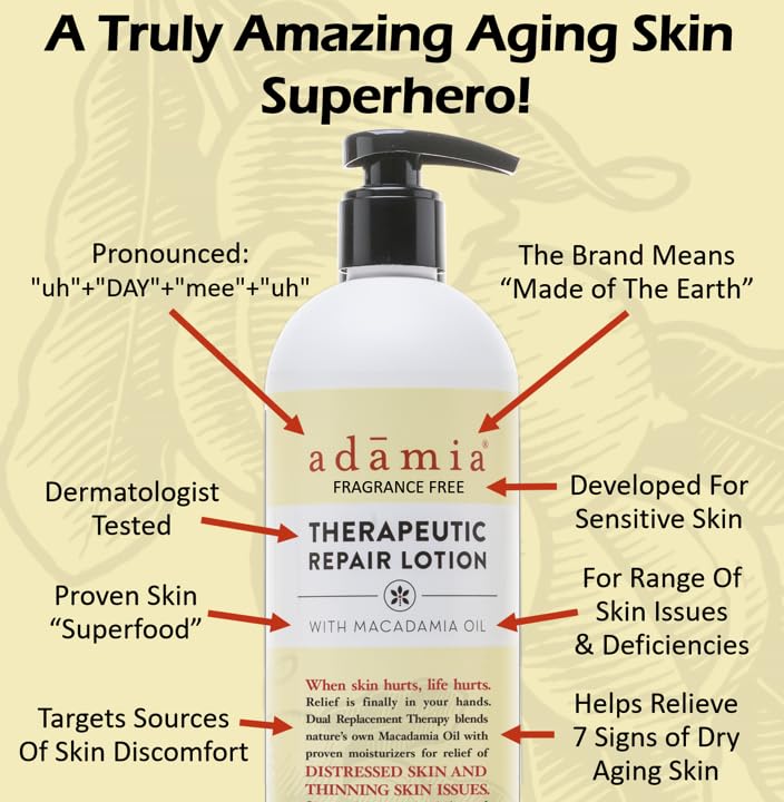 Adamia Therapeutic Repair Lotion with Macadamia Nut Oil and Promega-7, Fragrance Free, Paraben Free, Non GMO, 16 Fl Oz (355337-BC00395319)
