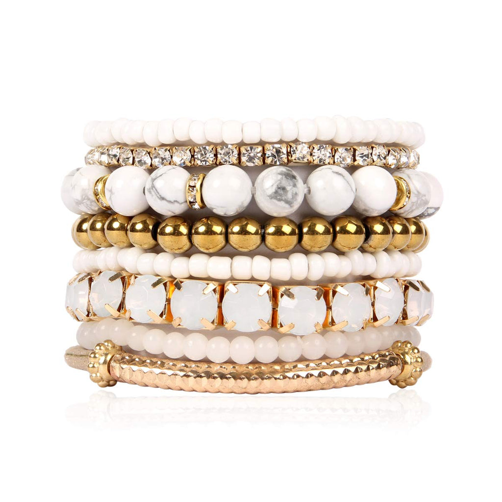 RIAH FASHION Multi Color Stretch Beaded Stackable Bracelets - Layering Bead Strand Statement Wrap Bangles (Natural Stone - White Howlite/Gold, 7.0 Inches)