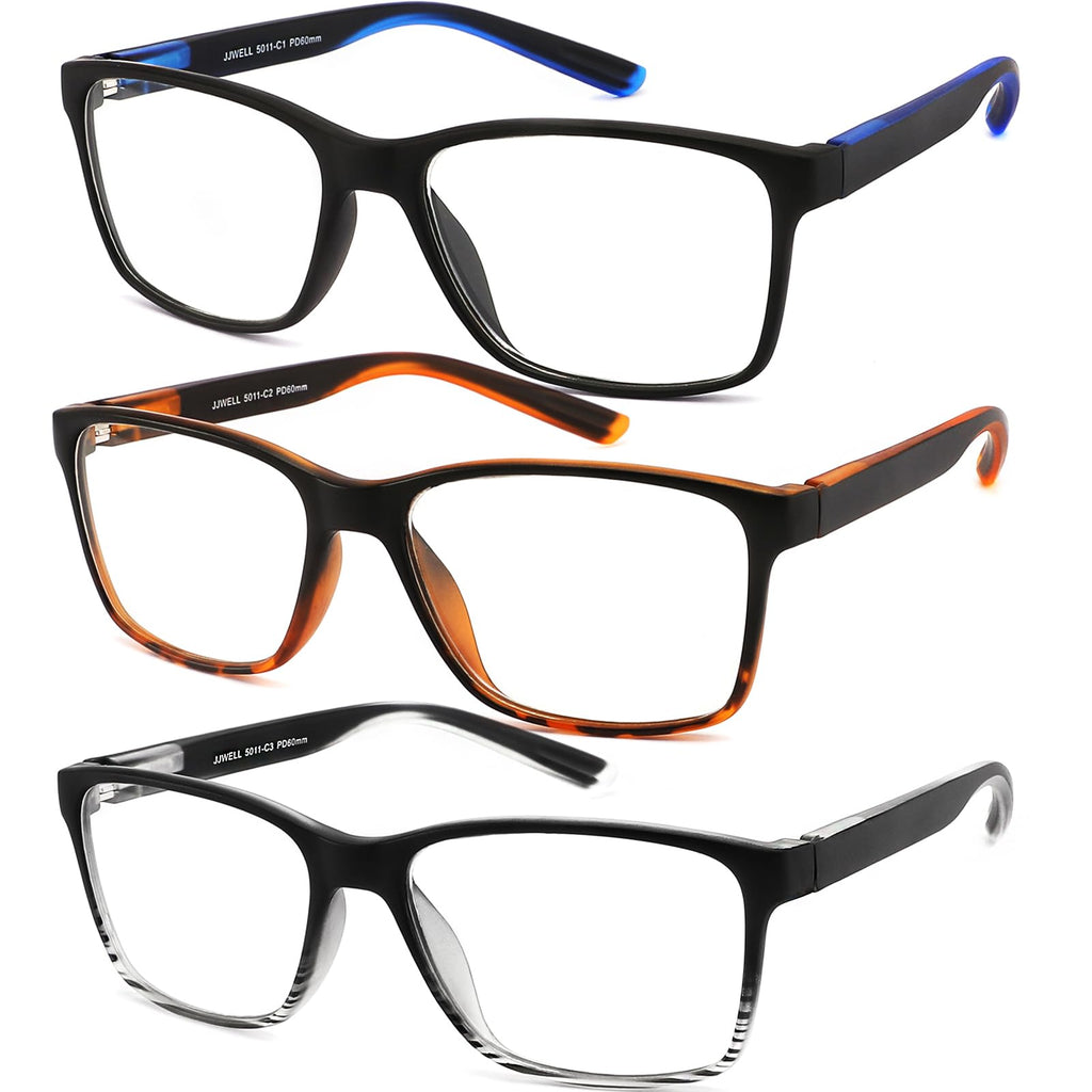 JJWELL 3 Pack Reading Glasses for Men Blue Light Blocking with Spring Hinge, Anti Eyestrain/Dryness/UV Large Wide Square Readers for Men, Two Tone Computer Reader Glasses Eyeglass(1.5 Strength)