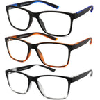 JJWELL 3 Pack Reading Glasses for Men Blue Light Blocking with Spring Hinge, Anti Eyestrain/Dryness/UV Large Wide Square Readers for Men, Two Tone Computer Reader Glasses Eyeglass(1.5 Strength)