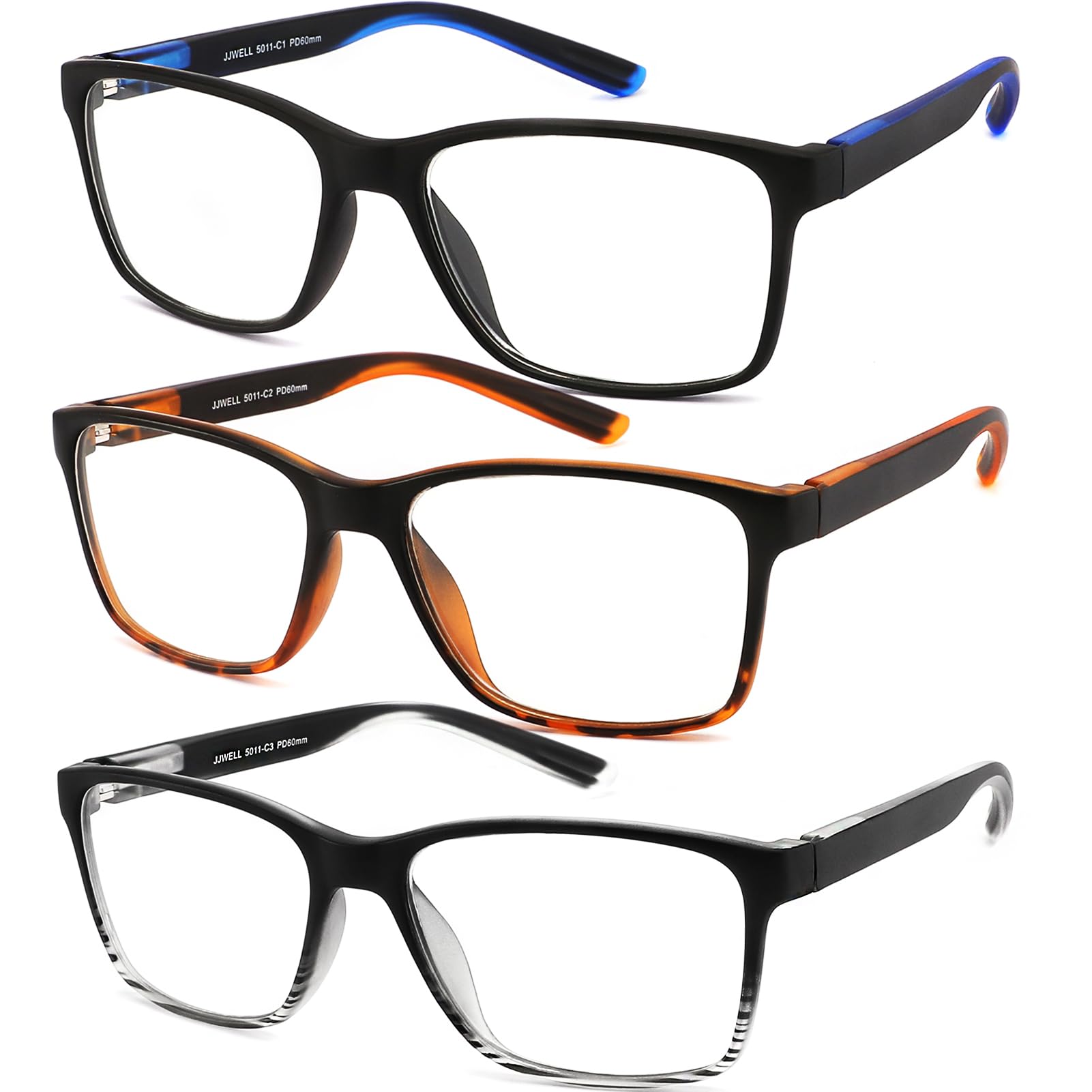 JJWELL 3 Pack Reading Glasses for Men Blue Light Blocking with Spring Hinge, Anti Eyestrain/Dryness/UV Large Wide Square Readers for Men, Two Tone Computer Reader Glasses Eyeglass(1.0 Strength)
