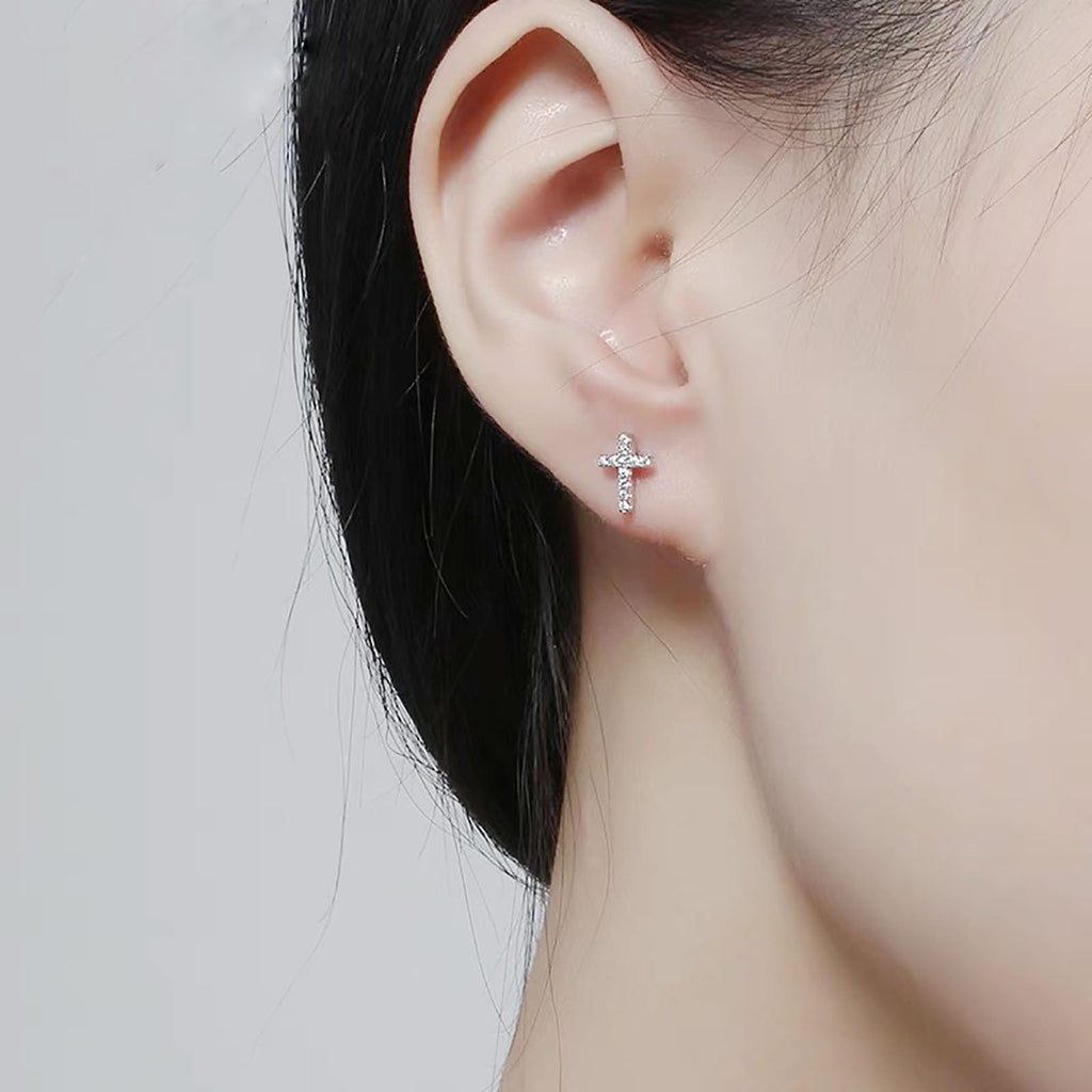 14K Hypoallergenic White Gold Plated Small Cross Silver Stud Earrings