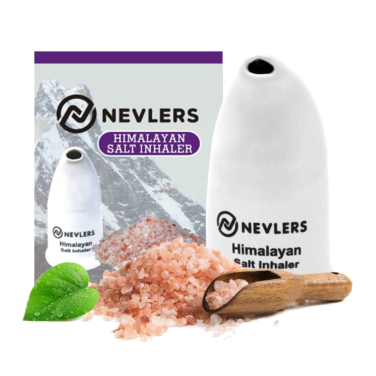 Nevlers White Himalayan Salt Inhaler for Lungs & Nose w/ 6 Oz Coarse Pink Himalayan Sea Salt | Portable Ceramic Himalayan Pink Salt Inhaler | Natural Homeopathic Sinus & Asthma Relief Smelling Salts
