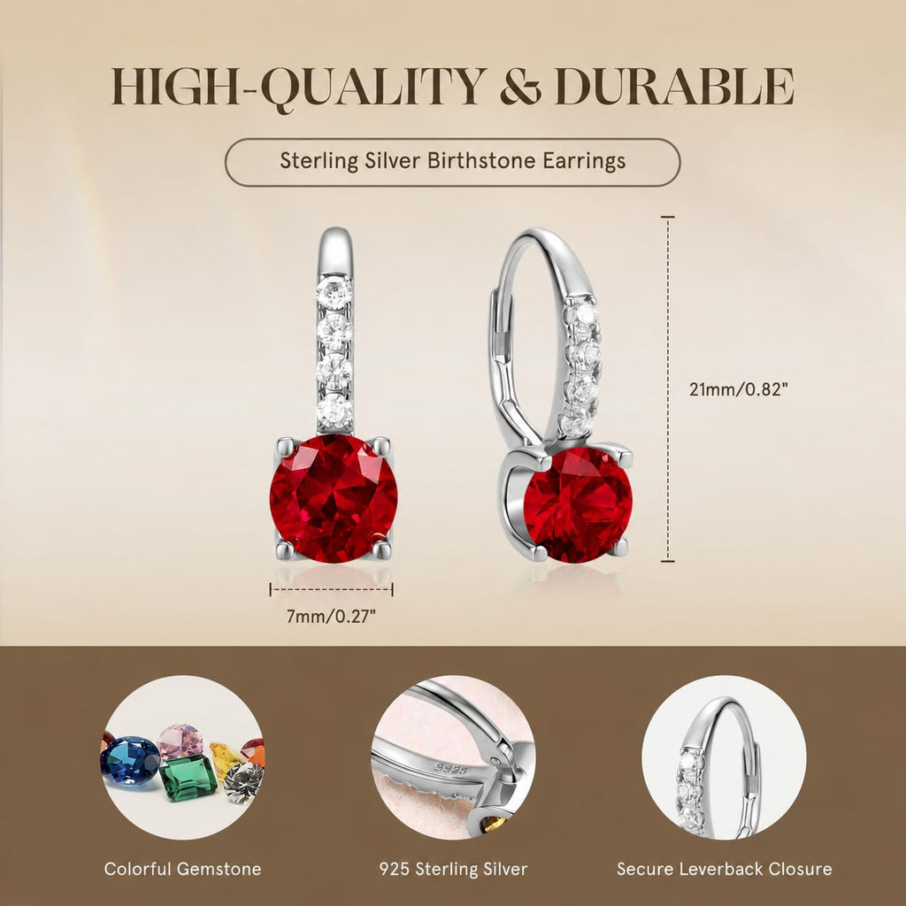 FANCIME 925 Sterling Silver Dangle Earrings Leverback Clasp 6.5mm Ruby Earrings July Birthstone Jewelry Gift for Women Mom Wife Her