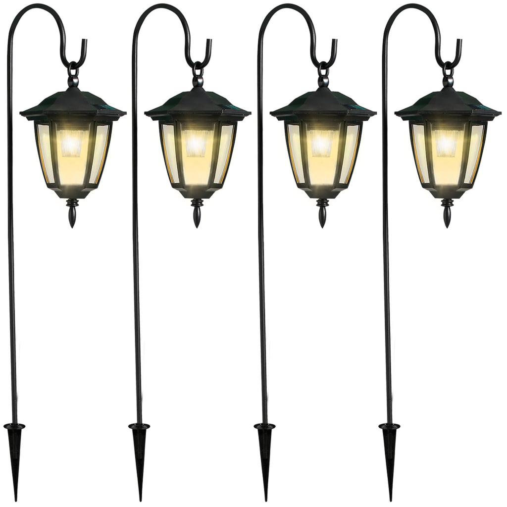 Dynaming 4 Pack Solar Hanging Lights Outdoor, Solar Powered Garden Decorative Lanterns with 4 x 38 Inch Shepherd Hooks, Waterproof Landscape Lighting for Lawn Patio Yard Pathway Driveway, Warm White