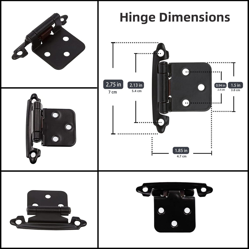Decobasics 1/2" Overlay Matte Black Cabinet Hinges 50 Pack (25 Pair) Self Closing Bath & Kitchen Cabinet Hinges Black Flush Mount w/Door Bumpers & Upgraded Screws