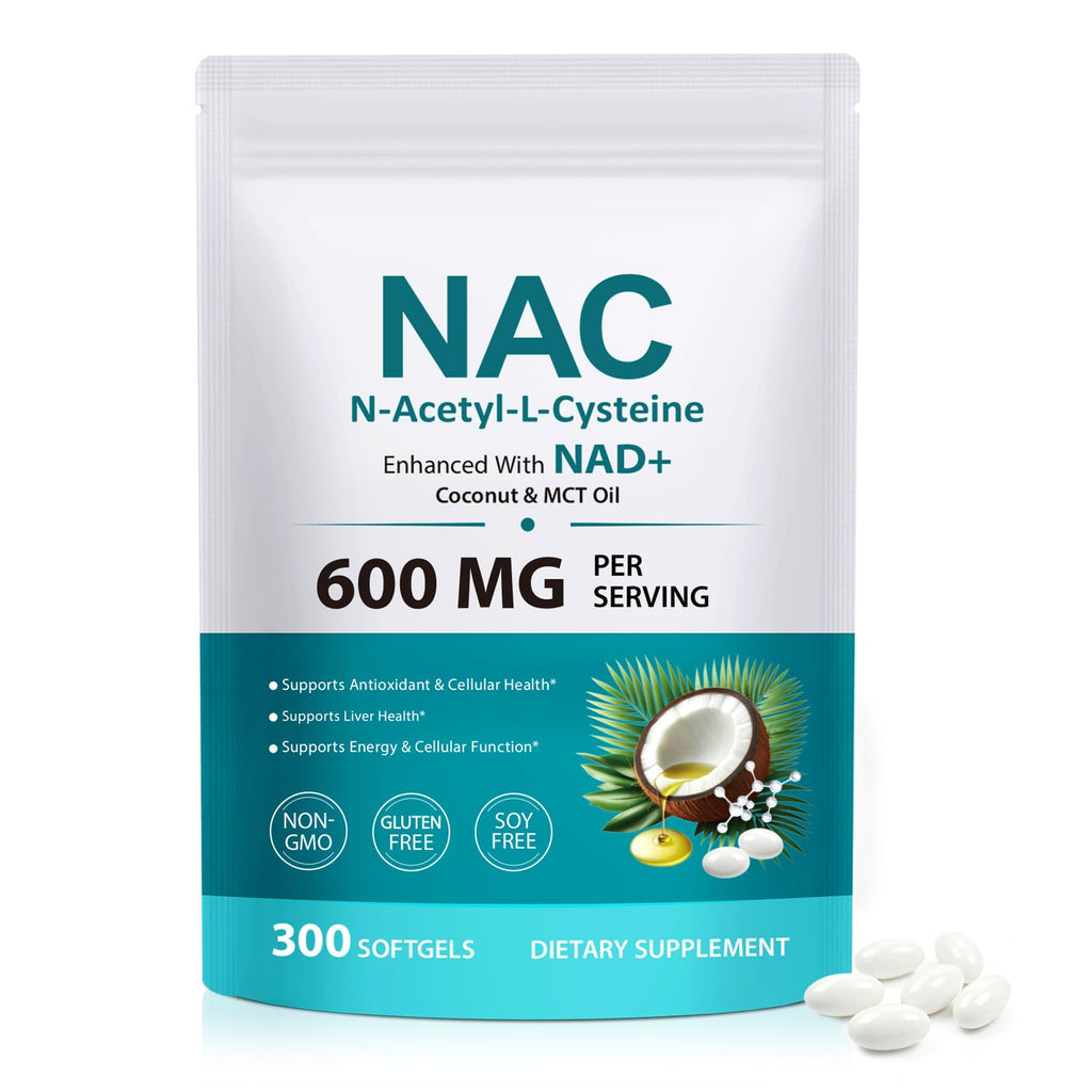 NVXNMSD NAC Supplement 600mg, 300 Softgels NAC with NAD+ & MCT Oil N-Acetyl Cysteine Supplement with Coconut Oil Vegetarian Capsules for Antioxidant Supports Liver & Energy Non-GMO Gluten Free