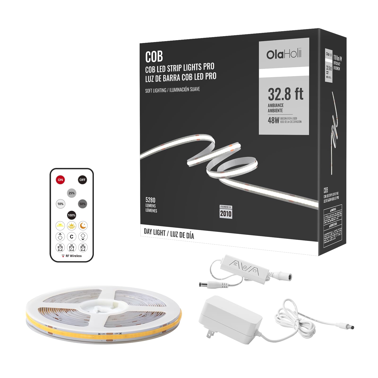 Olaholii 32.8ft COB Led Strip Light with Remote, 6500K Ra93+ Dimmable Bright Daylight White Led COB Strip Light, White Continuous Led Strip Light for Mirror, Stair, Cabinet, Room
