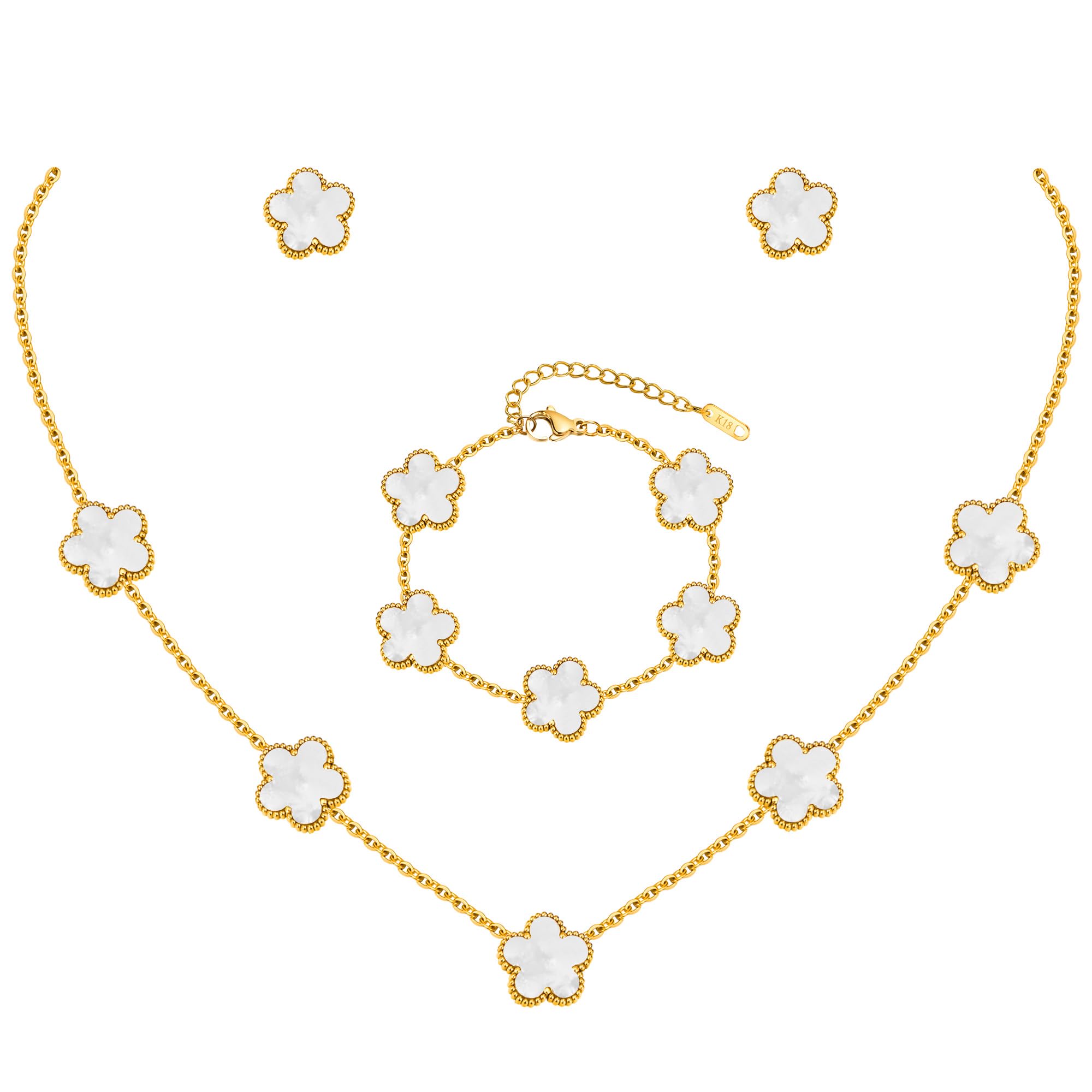 Gold Necklaces Bracelets Earring Set - 18K Gold Plated Flower Bracelet Chain,Stainless Steel Non Tarnish Floral Pendant Stud Jewelry Sets,Christmas Birthday Lucky Gift for Mom Wife Daughter Girlfriend