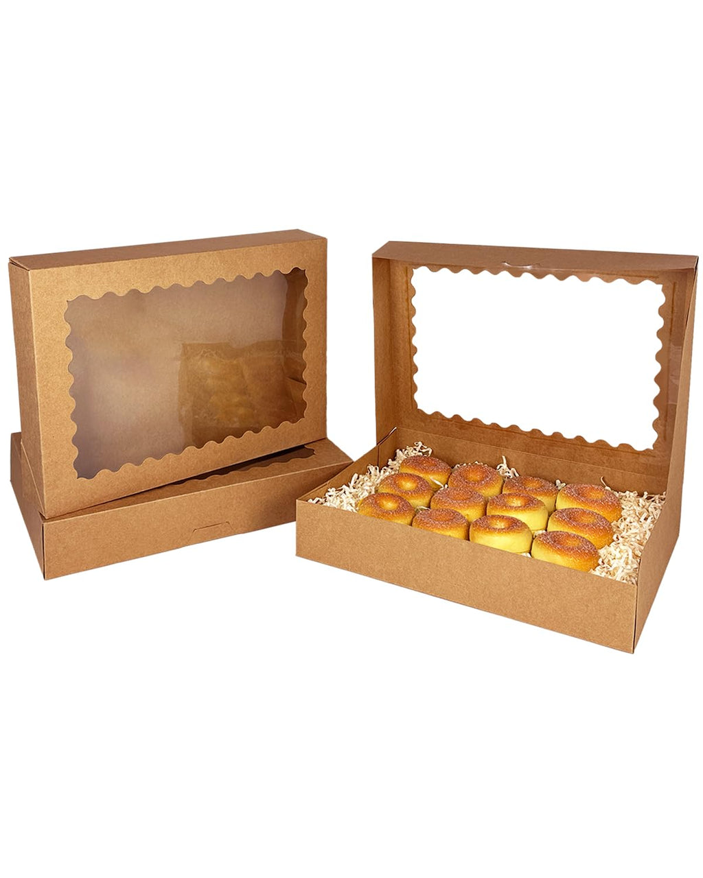 qiqee Auto-pop Up 14x10x2.5 Inch Brown Cookie Box with Window 15Pcs Pastry Macaron Bakery Box For Packaging