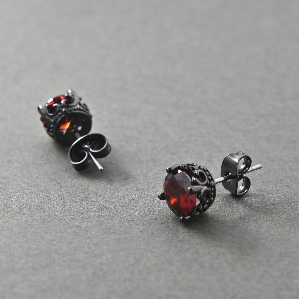 KZZENKI Red and Black Earrings Vintage Crown Stainless Steel Cubic Zirconia Stud Earrings Cool Gothic Jewelry