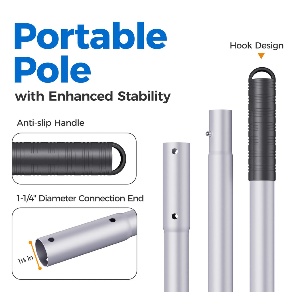 Mowend 10.5 Foot Aluminum Telescopic Swimming Pool Pole - 8 Adjustable Connecting Sections, Expandable Step-Up Length - Attach Connect Skimmer Nets, Rakes, Brushes, Vacuum Heads, Maintenance