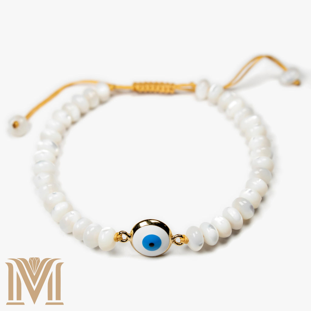 Mana Gallery Handmade Evil Eye Bracelet – White Mother of Pearl Beads with Gold-Plated Blue Eye Charm – Adjustable Macramé Cord – Protective Jewelry Gift for Women (Evil Eye Bracelet)